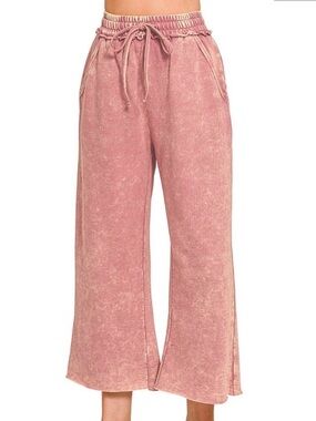 WASHED FRENCH TERRY FLARE PANTS Light Rose **NEW**